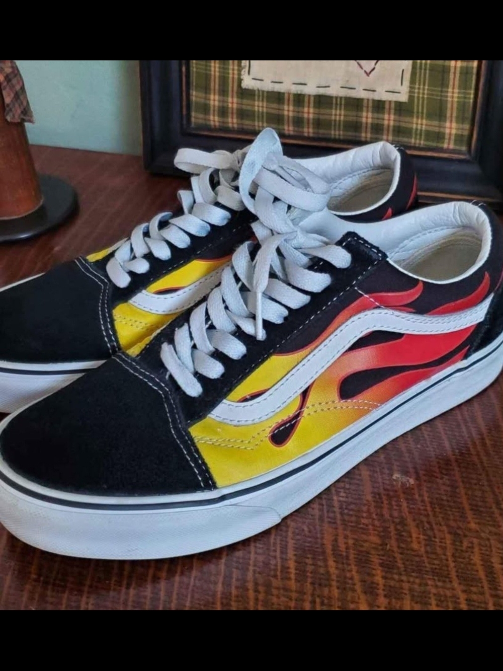 Vans Men's Old Skool Sneakers with Red and Yellow Flame Graphics